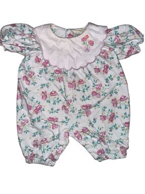 Vintage Baby Girl Bubble Romper Floral 0-3 months Pink Green Short Sleeve Bib